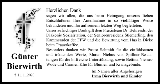 Traueranzeige von Günter Bierwirth von Harz Kurier