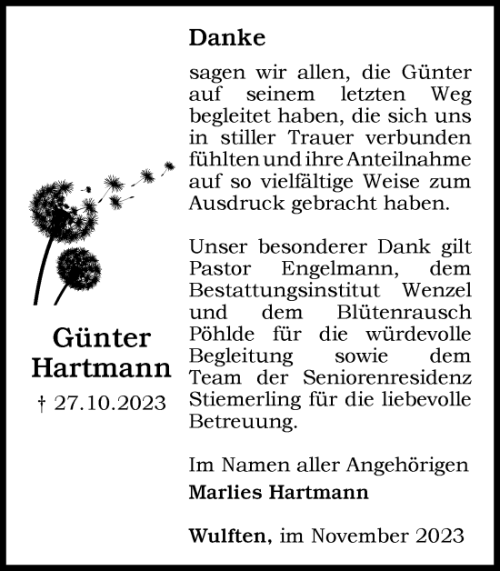 Traueranzeige von Günter Hartmann von Harz Kurier