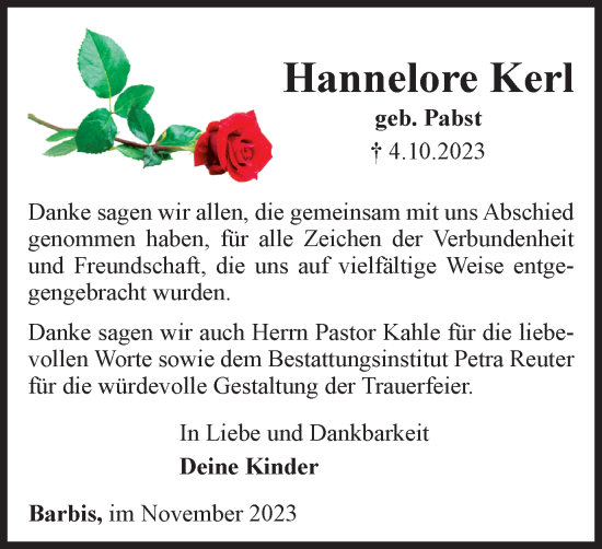 Traueranzeige von Hannelore Kerl von Harz Kurier