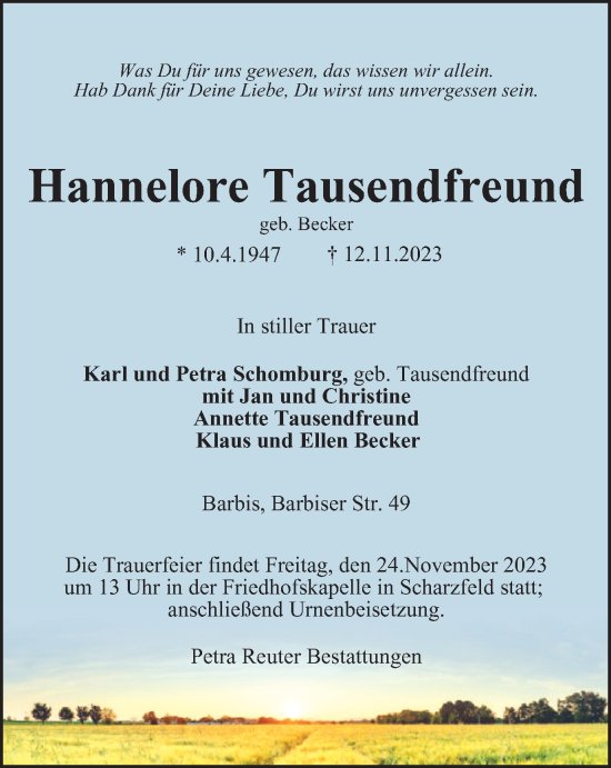 Traueranzeige von Hannelore Tausendfreund von Harz Kurier