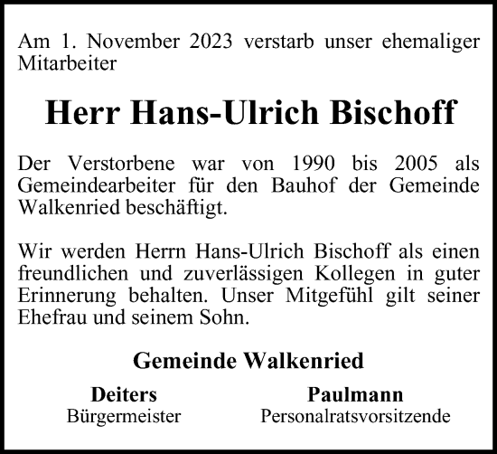 Traueranzeige von Hans-Ulrich Bischoff von Harz Kurier