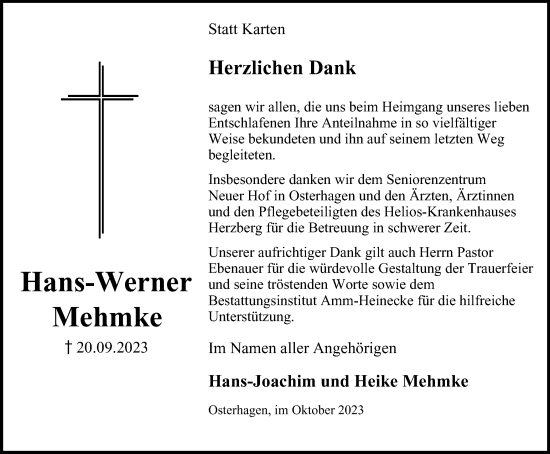 Traueranzeige von Hans-Werner Mehmke von Harz Kurier