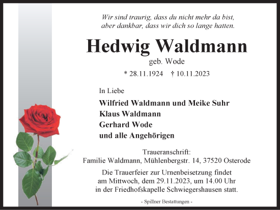 Traueranzeige von Hedwig Waldmann von Harz Kurier