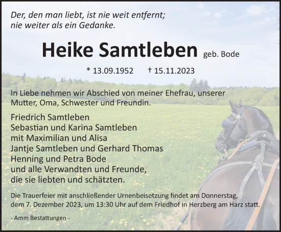 Traueranzeige von Heike Samtleben von Harz Kurier
