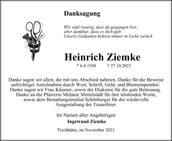 Traueranzeige von Heinrich Ziemke von Harz Kurier