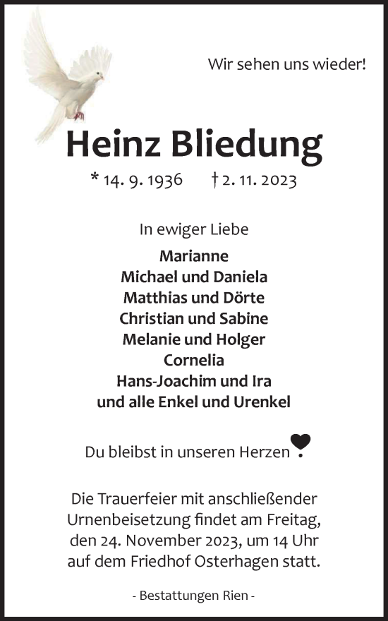 Traueranzeige von Heinz Bliedung von Harz Kurier