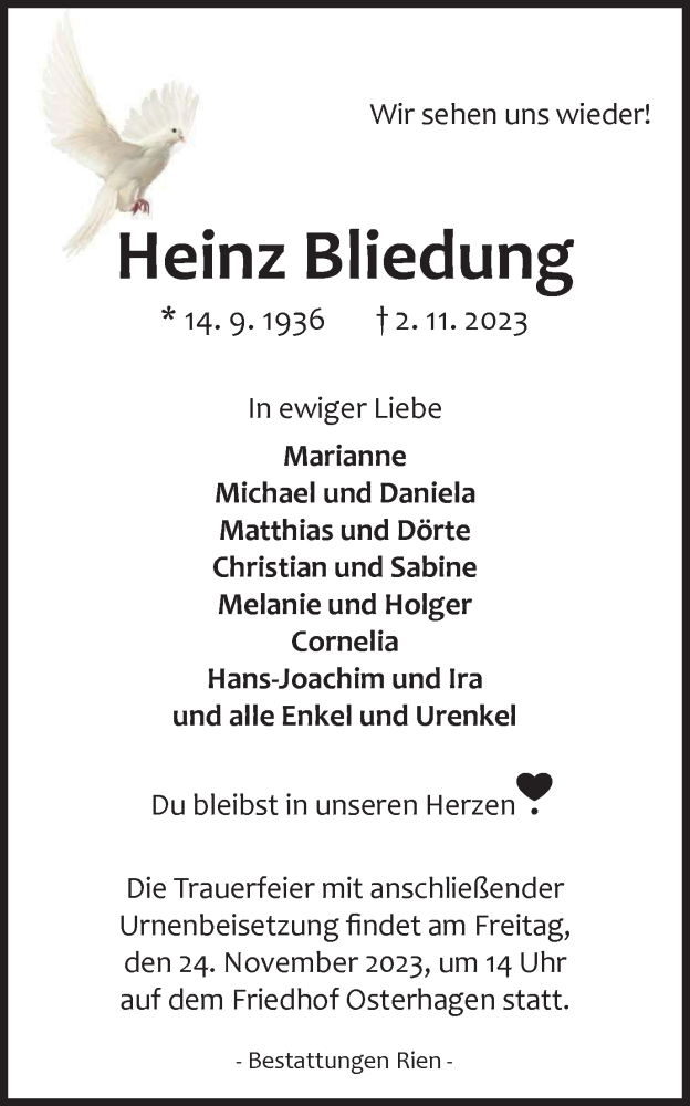 Traueranzeige für Heinz Bliedung vom 08.11.2023 aus Harz Kurier