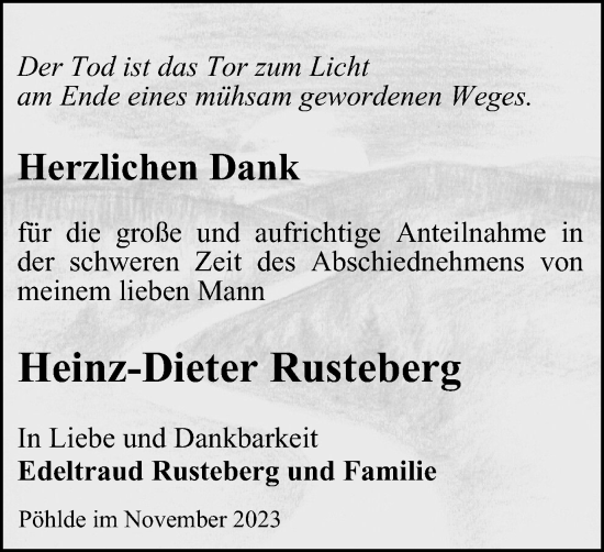 Traueranzeige von Heinz-Dieter Rusteberg von Harz Kurier