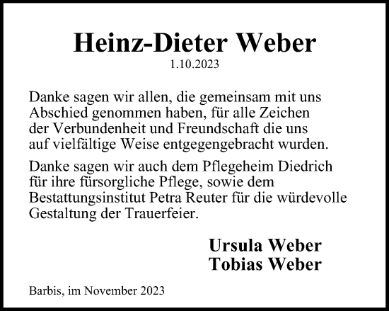 Traueranzeige von Heinz-Dieter Weber von Harz Kurier