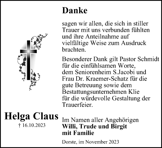 Traueranzeige von Helga Claus von Harz Kurier