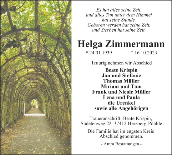Traueranzeige von Helga Zimmermann von Harz Kurier
