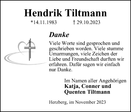 Traueranzeige von Hendrik Tiltmann von Harz Kurier