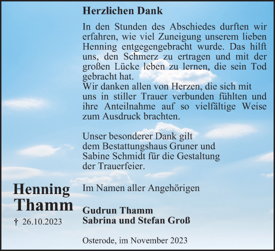 Traueranzeige von Henning Thamm von Harz Kurier