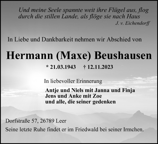 Traueranzeige von Hermann Beushausen von Harz Kurier