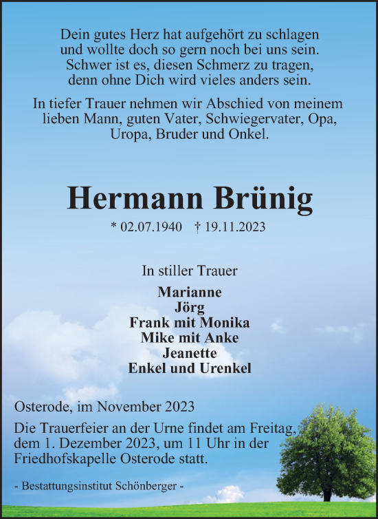 Traueranzeige von Hermann Brünig von Harz Kurier