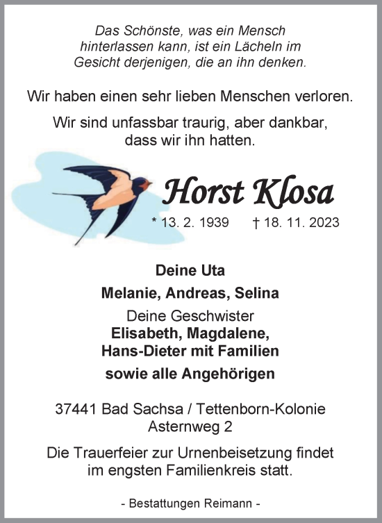 Traueranzeige von Horst Klosa von Harz Kurier