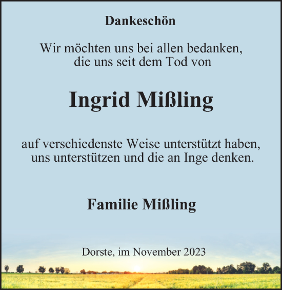 Traueranzeige von Ingrid Mißling von Harz Kurier