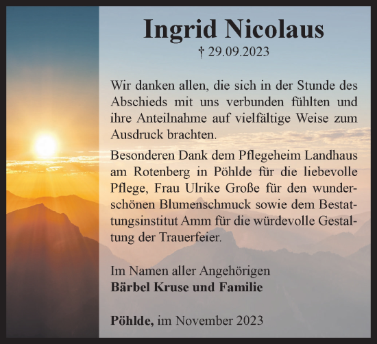 Traueranzeige von Ingrid Nicolaus von Harz Kurier