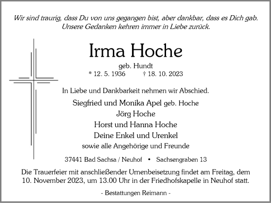 Traueranzeige von Irma Hoche von Harz Kurier