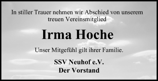 Traueranzeige von Irma Hoche von Harz Kurier