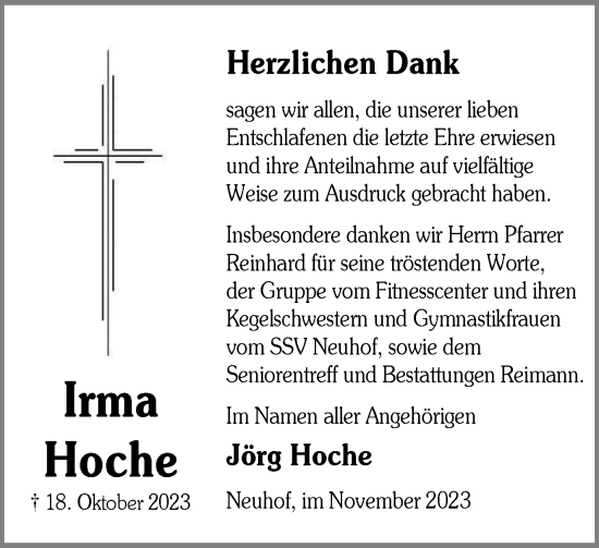 Traueranzeige von Irma Hoche von Harz Kurier