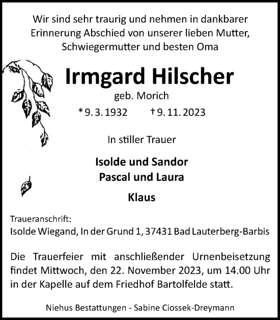 Traueranzeige von Irmgard Hilscher von Harz Kurier