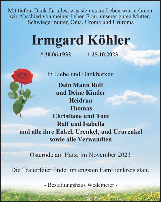 Traueranzeige von Irmgard Köhler von Harz Kurier