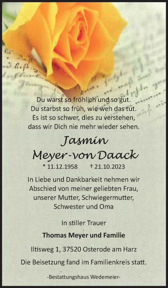 Traueranzeige von Jasmin Meyer-von Daack von Harz Kurier