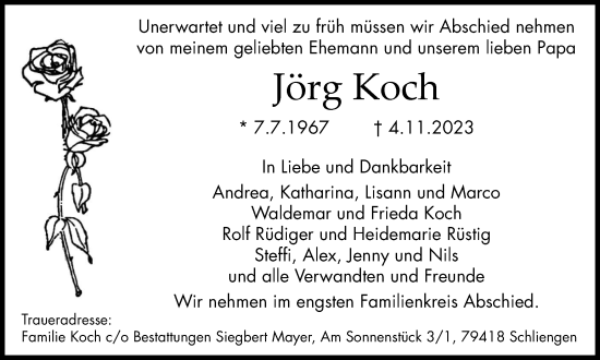 Traueranzeige von Jörg Koch von Harz Kurier