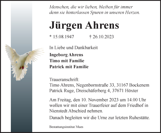 Traueranzeige von Jürgen Ahrens von Harz Kurier