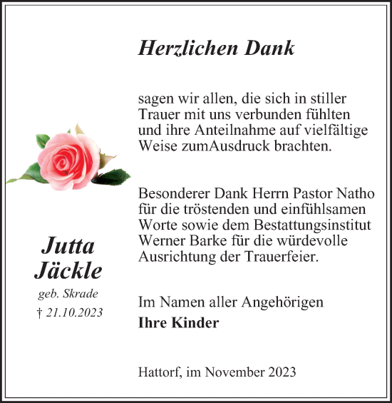 Traueranzeige von Jutta Jäckle von Harz Kurier