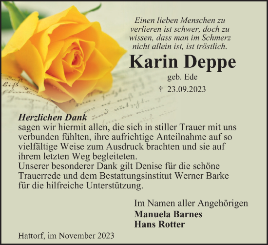 Traueranzeige von Karin Deppe von Harz Kurier