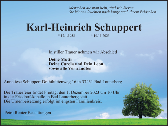 Traueranzeige von Karl-Heinrich Schuppert von Harz Kurier