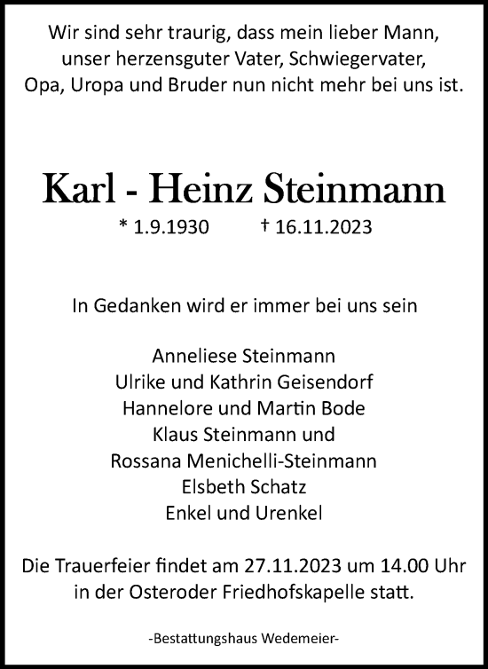 Traueranzeige von Karl-Heinz Steinmann von Harz Kurier