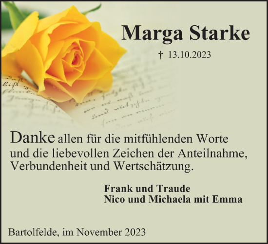 Traueranzeige von Marga Starke von Harz Kurier