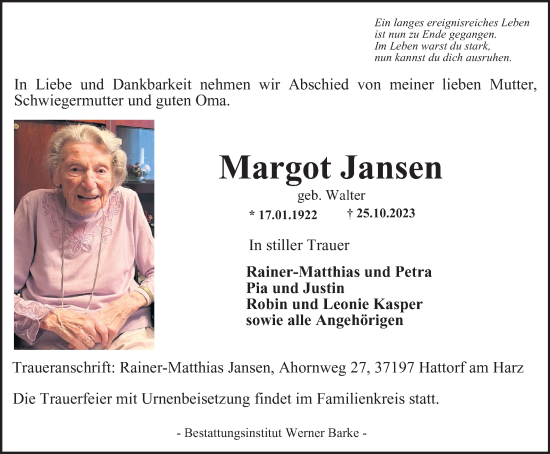 Traueranzeige von Margot Jansen von Harz Kurier