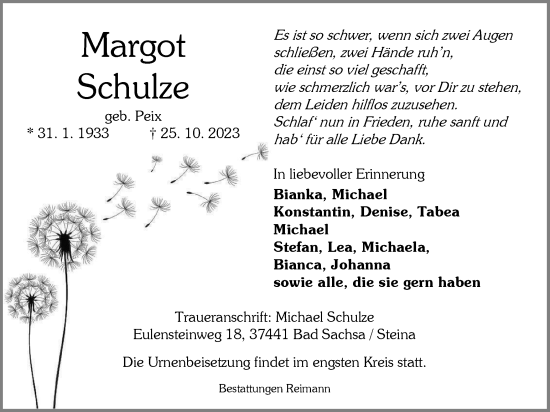 Traueranzeige von Margot Schulze von Harz Kurier