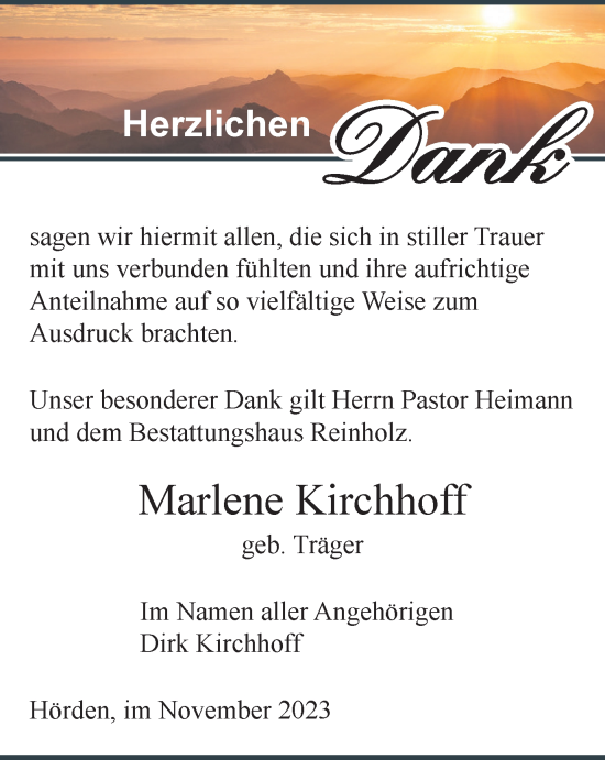 Traueranzeige von Marlene Kirchhoff von Harz Kurier