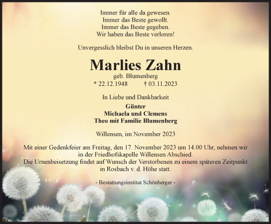 Traueranzeige von Marlies Zahn von Harz Kurier