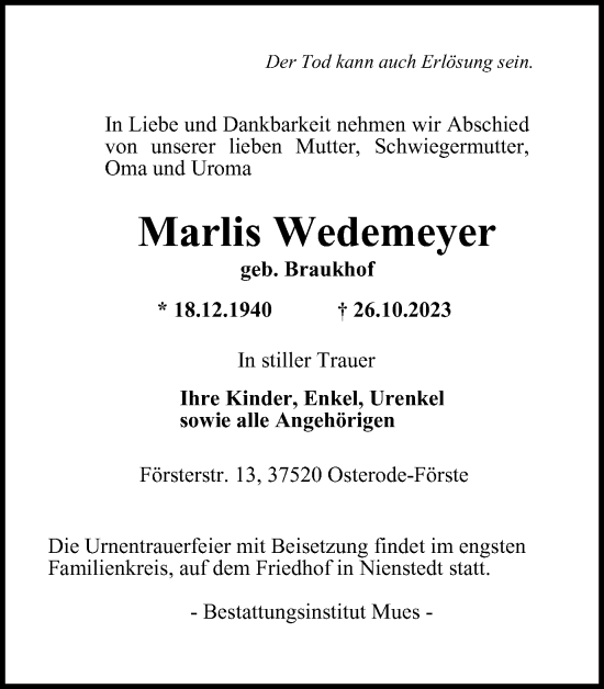 Traueranzeige von Marlis Wedemeyer von Harz Kurier