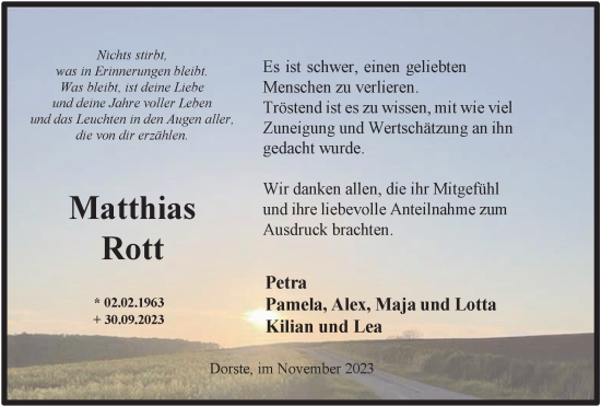 Traueranzeige von Matthias Rott von Harz Kurier