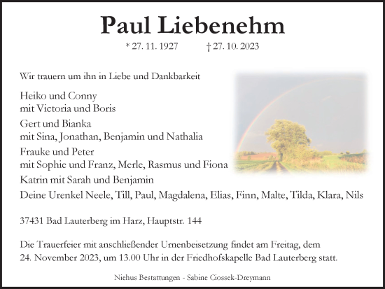 Traueranzeige von Paul Liebenehm von Harz Kurier