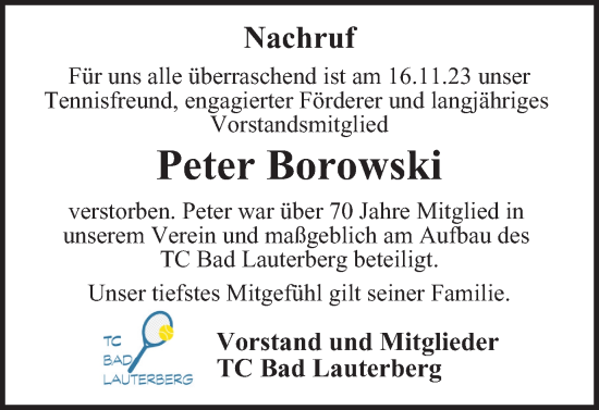 Traueranzeige von Peter Borowski von Harz Kurier