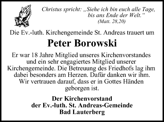 Traueranzeige von Peter Borowski von Harz Kurier