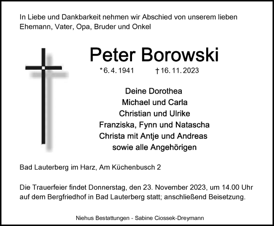 Traueranzeige von Peter Borowski von Harz Kurier