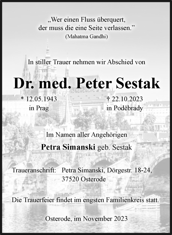 Traueranzeige von Peter Sestak von Harz Kurier