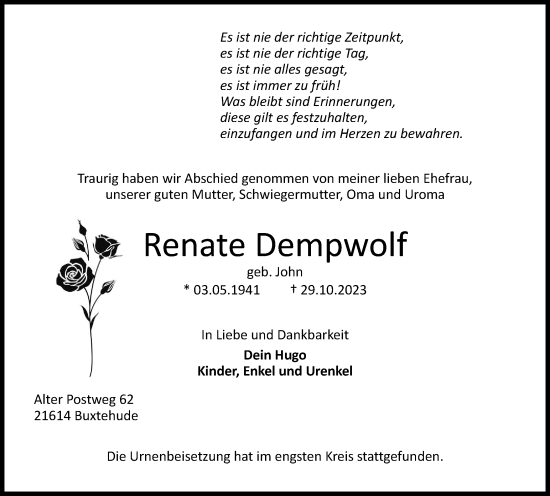 Traueranzeige von Renate Dempwolf von Harz Kurier
