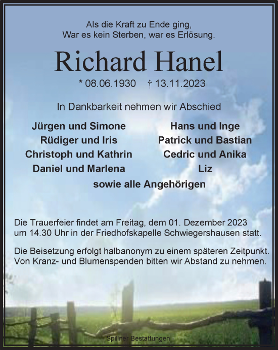 Traueranzeige von Richard Hanel von Harz Kurier