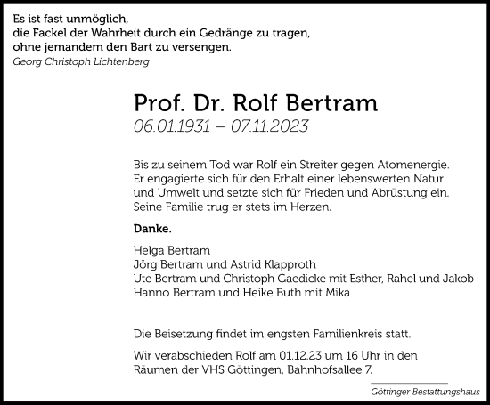 Traueranzeige von Rolf Bertram von Harz Kurier