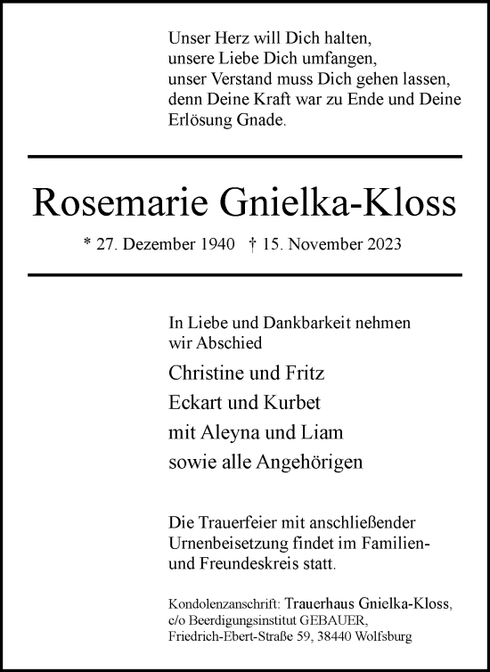 Traueranzeige von Rosemarie Gnielka-Kloss von Harz Kurier